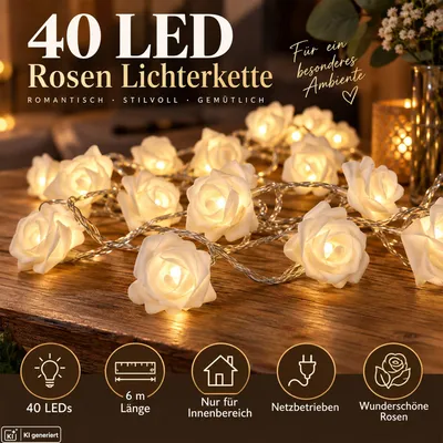 Produktbild von LED Lichterkette Rosen Warmweiß Tischdeko Weiß Netzbetrieb Innen Deko 40 LEDs 6m