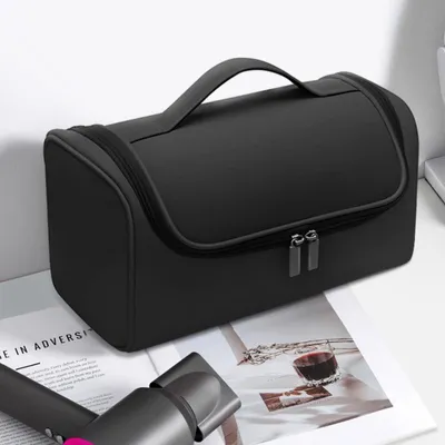 Immagine prodotto di Borsa da viaggio per arricciacapelli e asciugacapelli, impermeabile, in PU, con organizer, per trucchi, da bagno, portatile, resistente agli urti, con gancio, nera