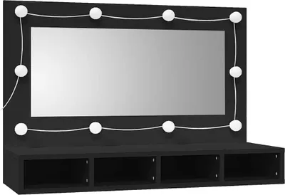 A black vanity mirror with lights and storage shelves.