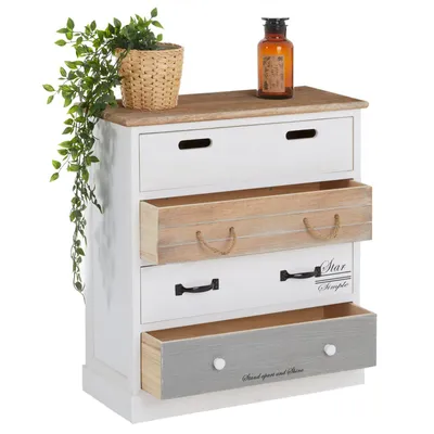Produktbild von Kommode SALVA mit 4 breiten Schubladen, praktisches Schubladenregal im Vintage Look, Flurkommode in weiß lasiert mit farbigen Schubkästen