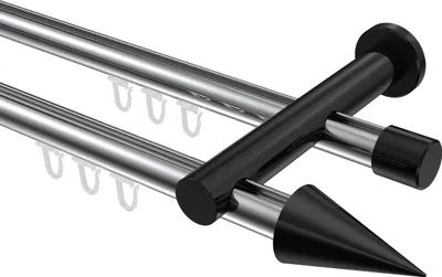 Produktbild von Interdeco Innenlaufstange / Gardinenstange mit Innenlauf Chrom / Schwarz, Typ Platon Savio (Kegel), 20 mm Ø 2-läufig, 420 cm