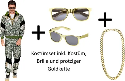 Produktbild von Dollar Trainingsanzug - Kostümset inkl. Brille und Goldkette  - Jogginganzug Gr. S bis 2XL L - 180 -187 cm