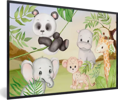 Produktbild von MuchoWow® Gerahmtes Poster Dschungeltiere - Kinder - Panda 60x40 cm - Poster mit Schwarzem Bilderrahmen Wandposter Rahmen Foto Bilder - Printing - Wanddeko Schlafzimmer