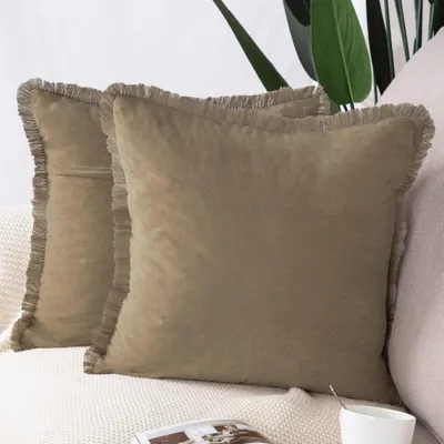 Produktbild von Kissenbezüge 2er Set Wildlederoptik mit Fransenquasten Braun 50x50 cm