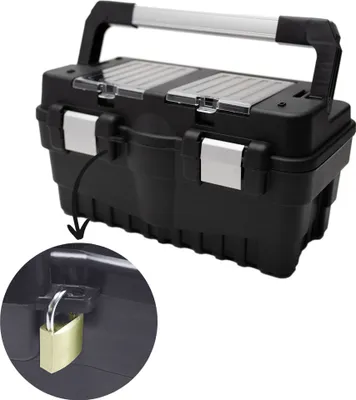 A black toolbox with a silver handle and a brass padlock attached to the side.