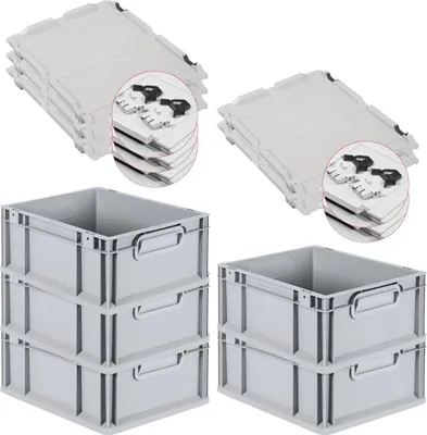 Produktbild von SuperSparSet 5x Eurobox NextGen Grip mit Scharnierdeckel und schwarzen Schiebeschnappverschlüssen | HxBxT 17x30x40cm | 16 Liter | Grau | Griffe geschlossen | Glatter Boden | Eurobehälter, Transportbox, Transportbehälter, Stapelbehälter
