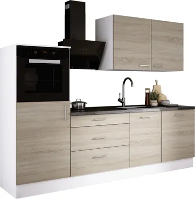 Image de Ensemble de cuisine : trois tiroirs, cinq portes, huit étagères, couleur : blanc / chêne Sonoma, dimensions du meuble : l : 250 cm, H : 220 cm, P : 60 cm