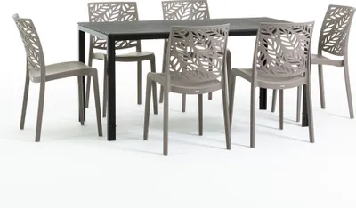 Image de Ensemble de salle à manger d'extérieur avec table rectangulaire 156x78 cm et 6 chaises empilables en résine renforcée de fibre de verre – design moderne aspect bois, idéal pour le jardin, la terrasse et les espaces extérieurs couverts – THOMAS+DAFNE - Tourterelle/Anthracite