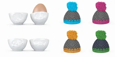 Produktbild von Fiftyeight Eierbecher-Sets Nr. 2 + 3 inkl. Mützen Och bitte Lecker + Glücklich Hmpff! weiß
