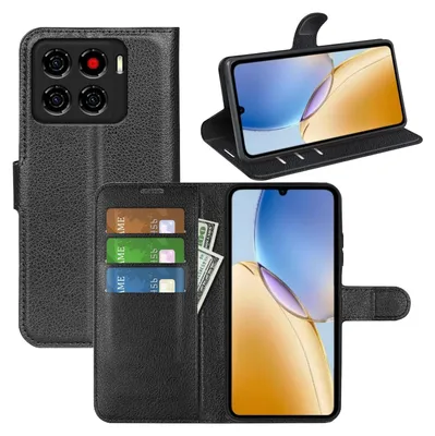 A collage of images showing a black leather wallet-style phone case for a ZTE Blade A56, with the phone inserted and open, and also closed.