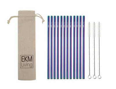 Produktbild von EKM Living Edelstahl Strohhalme 12er Set Rainbow gerade GmbH, Trinkhalme, bruchfest, wiederverwendbar, spülmaschinengeeignet, plastikfrei (Rainbow gerade, 12)