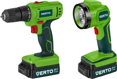 Zdjęcie produktu dla VERTO Wiertarko-wkrętarka akumulatorowa 2 x 20V, Li-Ion/1.5Ah, walizka + Latarka