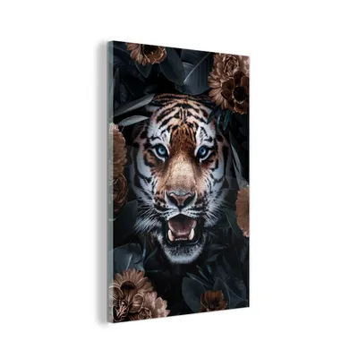 Obrázok produktu pre MuchoWow® Sklenené obrazy - Obrazy na stenu - Foto na skle Portrét - Tiger - Kvety 80x120cm Nástenná dekorácia zo skla - akrylový sklenený obraz - akrylové