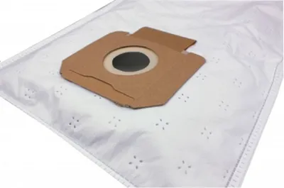 A close-up shot of a white vacuum cleaner bag with a cardboard attachment.