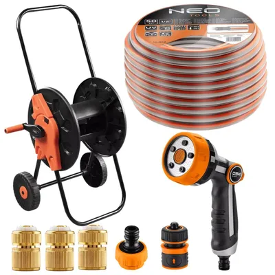 Obrázok produktu pre Sada na zavlažovanie záhrady NEO TOOLS: hadicový bubon, záhradná hadica (1/2" x 20 m - 50 m) rôzne trysky a postrekovače 3 x hadicové spojky
