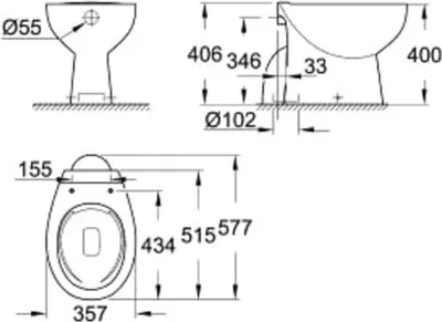 Technical drawing of a toilet with dimensions.
