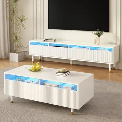 Produktbild von Merax LED Wohnwand-Set 2-teilig, TV-Ständer mit 4 Türen und Couchtisch mit 2 Schubladen, Wohnzimmermöbel mit LED und Wellenstruktur, Weiß-Gold