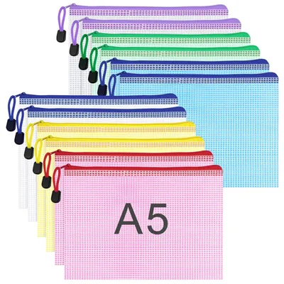 Produktbild von Set mit 12 A5-Dokumententaschen, wasserdichte Netz-Dokumententasche mit Reißverschluss, Dokumententasche mit Reißverschluss für Büro, Schule und Reisen (23,5 × 16,5 cm, 6 Farben)