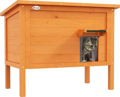 Produktbild von PawHut Katzenhaus aus Holz, Katzenhöhle Outdoor, Isolierte Katzenhütte mit Türvorhang, Kleintierhaus im Erhöhte Design, für Garten, Balkon, Orange, 60 x 60 x 81,5 cm