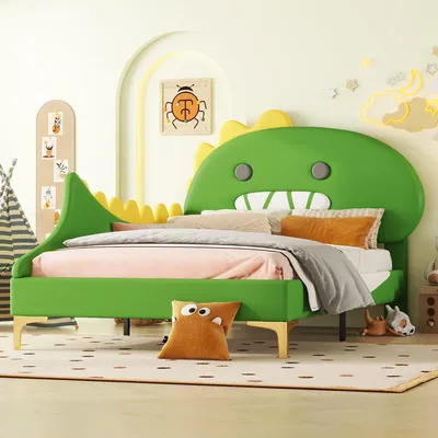 Zdjęcie produktu dla Łóżko dziecięce Merax tapicerowane 90 x 200 cm, płaskie łóżko w kształcie dinozaura z listwami, łóżko młodzieżowe, łóżko dziecięce, łóżko pojedyncze, PU, zielone