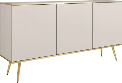 Image de Buffet 160 cm Rodi avec pieds - Commode trois portes, accessoires dorés, commode de salon - Beige + Or