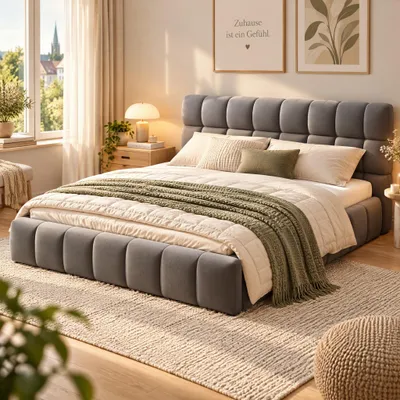 Obrázok produktu pre Postel Bubble Bett, 140x200 cm, čalúnená posteľ s roštom, dvojlôžko s mäkkou opierkou, rám postele, bez matraca, materiál: ľan, farba: sivá
