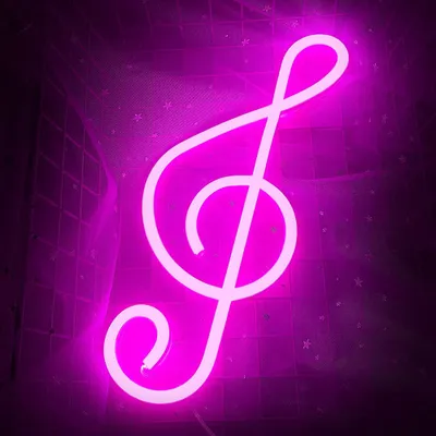 A neon sign shaped like a treble clef is displayed against a purple background with a grid pattern and small star-like elements.