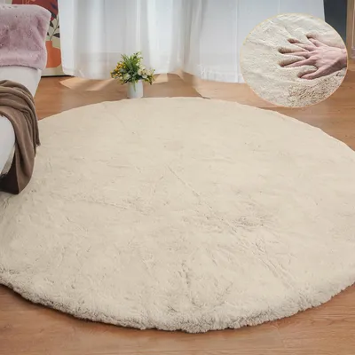 Image de Tapis rond beige, 240 cm, en Fourrure artificielle, moelleux, lavable
