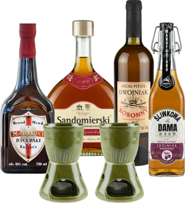 Produktbild von Setz von 4 Mets mit Keramikwärmern (Honigwein Dwójniak-Halber / 3x Trójniak-Drittel) |2750ml | 13-16% Alkohol Metwein | Polnische Produktion