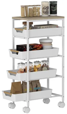 Productafbeelding van Keukentrolley met 5 etages, houtlook, op wielen, metalen frame, 4 lades, wit