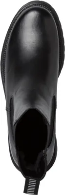 A top-down view of a black leather Chelsea boot.