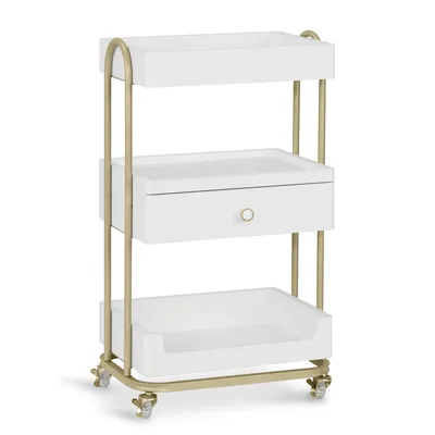 Produktbild von Servierwagen mit Rollen & Schublade, Rollwagen, Weiß-Gold, Salon Trolley mit 3 Ablagen, für Bad Wohnzimmer, 0093