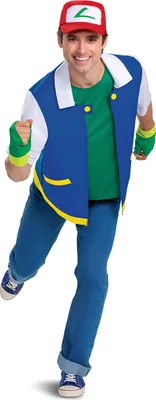 A man wearing an Ash Ketchum costume from Pokémon is posing.