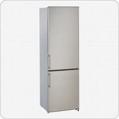 A silver refrigerator with two doors is shown against a light gray background with a subtle grid pattern.