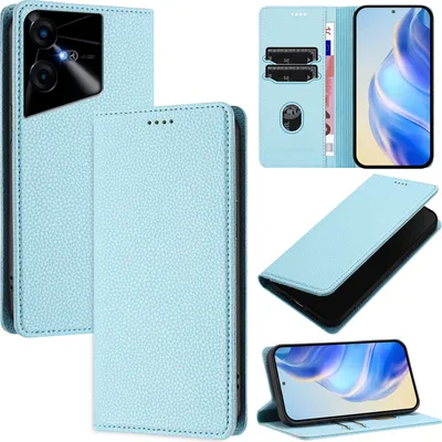 Produktbild von Litchi Leder Handyhülle für Tecno Pova Neo 3 Wallet Kartenfächer Standfunktion Hülle Hellblau