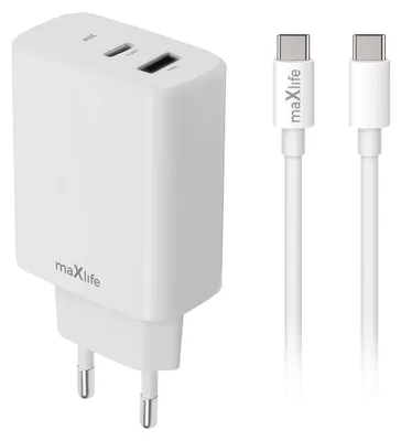 Zdjęcie produktu dla Maxlife Ładowarka Sieciowa Pd Qc Mxtc-10-20Ac 1X Usb-C 1X Usb 20W Biała + Kabel Usb-C - Usb-C 20W