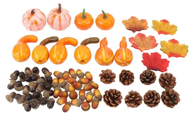 Produktbild von 166-teiliges Herbstkürbis-Dekorationsset, 100 Ahornblätter, 48 Eicheln, 8 Tannenzapfen, 10 Kürbisse, künstliche Kürbisdekorationen