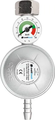 A gas pressure regulator with a manometer, shown against a white background.