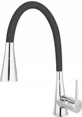 A studio shot of a chrome and black faucet with a flexible gooseneck spout.