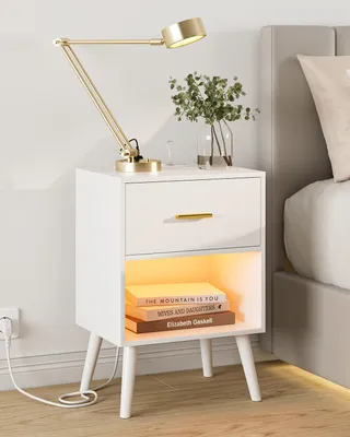 Nachtkästchen mit Steckdose, USB und LED, weiß, 1 Schublade