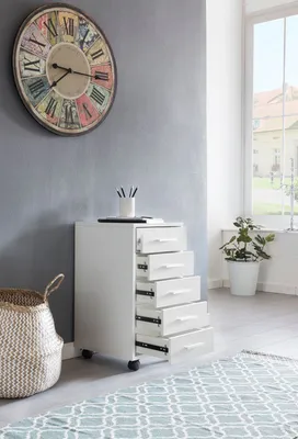 Produktbild von Kleiner Rollcontainer - Büroständer mit 5 Fächern - Kleine Standcontainer mit Rollen - Weiß - 33 x 63 x 38 cm