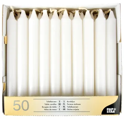 Obrázek produktu pro Svíčky do svícenů – sada 50 bílých svíček – průměr 21 mm – výška 19,6 cm