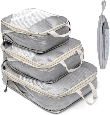 Produktbild von Ibenzoa® Reise-Packwürfel mit Kompressionsfunktion, wasserabweisend, Nylongewebe, Grau, 3er Set (30×20 / 35×25 / 40×32 cm)