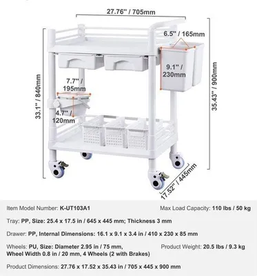 Immagine prodotto di Carrello da laboratorio in ABS, bianco, 4 PP 2 4, carrello da laboratorio per laboratori e cliniche