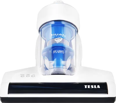 A close-up, front-facing studio shot of a white and blue mattress vacuum cleaner.