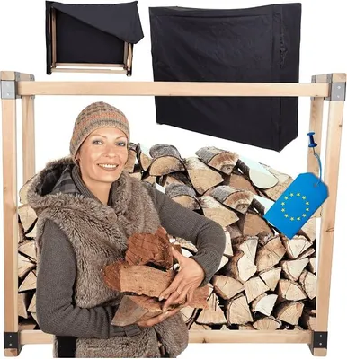 Produktbild von Kaminholzregal, Holzunterstand mit Abdeckung, stabiler Brennholzständer aus massivem Holz, Brennholzregal & Holzlager für Garten, Terrasse & Außenbereich, wetterfeste Schutzplane, 124x116x40 cm