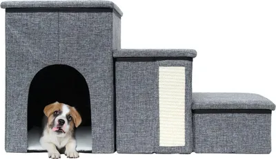 Produktbild von Intirilife Faltbare Hundetreppe mit 3 Stufen in Grau -72x32,5x43 cm- Haustiertreppe mit Stauraum -Katzentreppe Kratzmatte Höhle- Aufbewahrungsboxen, Treppe für kleine Hunden für Sofa Bett Couch