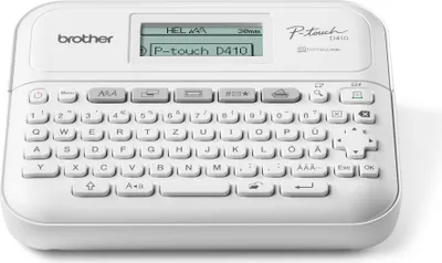 A white Brother P-touch D410 label maker is shown from a slightly elevated front-side angle on a white background.