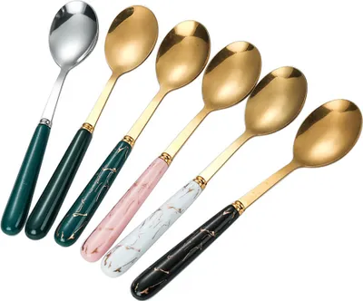 Produktbild von 6-teiliges Set Kaffeelöffel, Edelstahllöffel – Teelöffel für Desserts – Eiscreme-, Kuchen- und Suppenlöffel – Teelöffel mit Keramikgriff