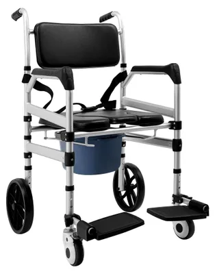 Produktbild von Toilettenstuhl mit feststellbaren Universalrädern, fahrbarer Duschtoilettenrollstuhl mit Toiletteneimer und Sicherheitsgurt, höhenverstellbar von 46 bis 51 cm, Nachtstuhl für Senioren